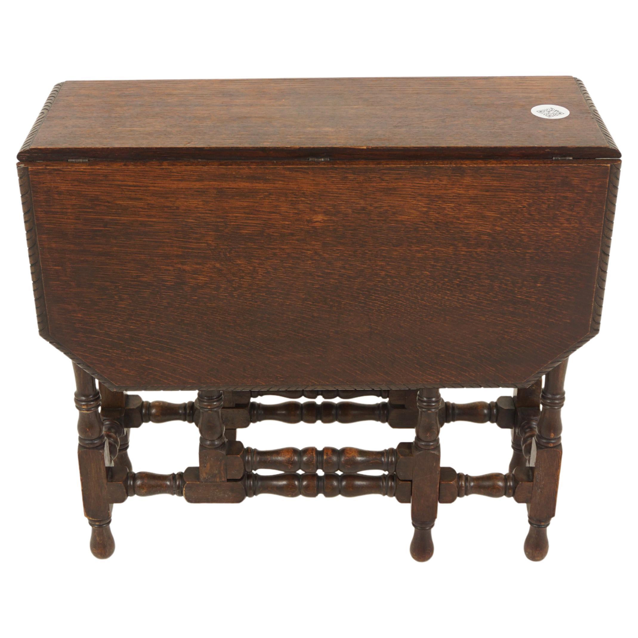 Vintage Carved Oak Drop Leaf Table, Gateleg, Scotland, 1930, H810