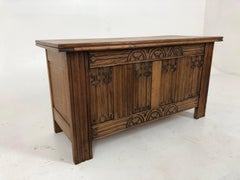 Vintage Carved Oak Linen Fold Blanket Box, Table, Trunk, Scotland 1930, H853