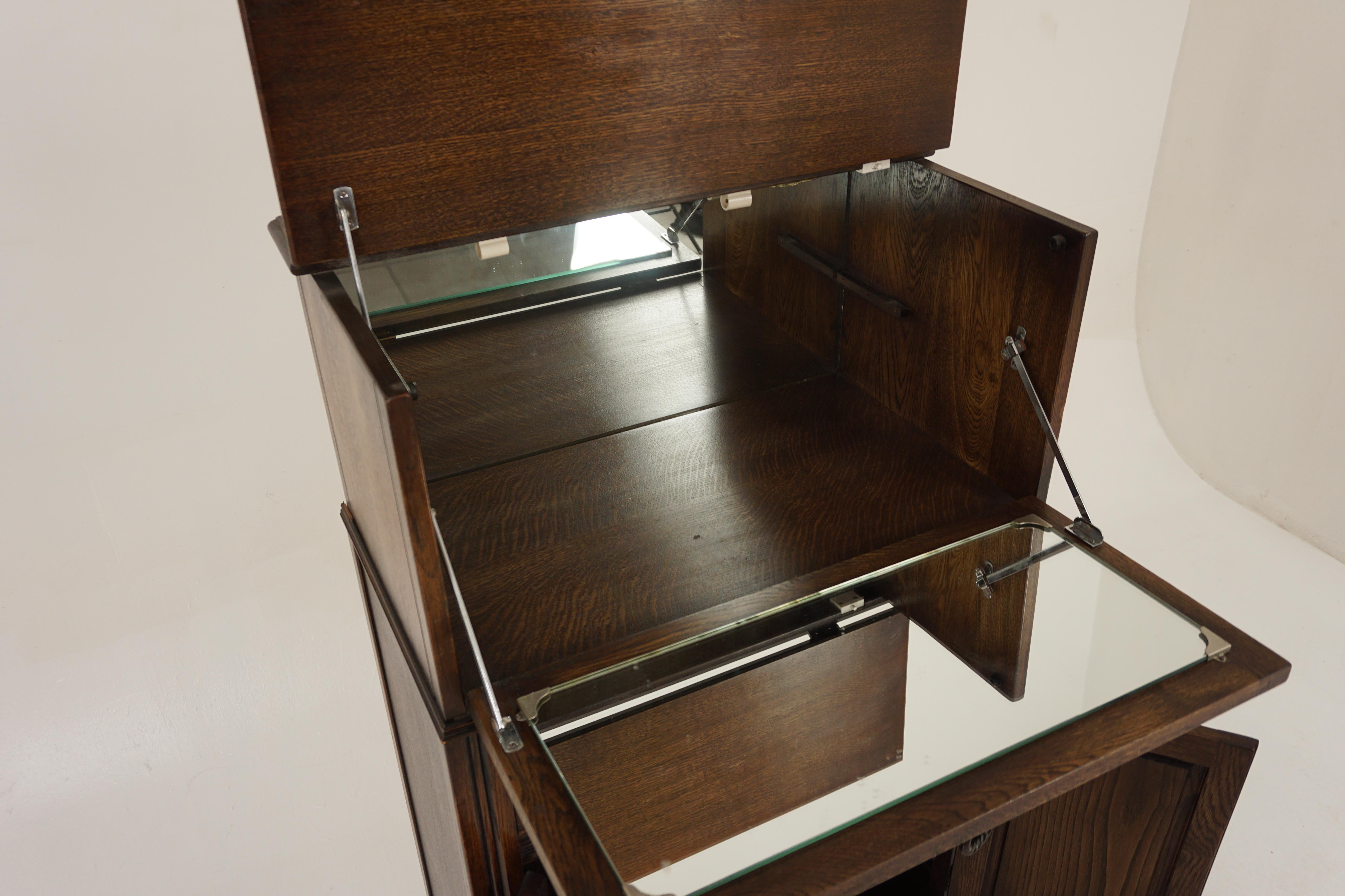 Vintage Carved Oak Linen Fold Cocktail Cabinet, Bar Cabinet, Scotland 1940, H115 In Good Condition In Vancouver, BC