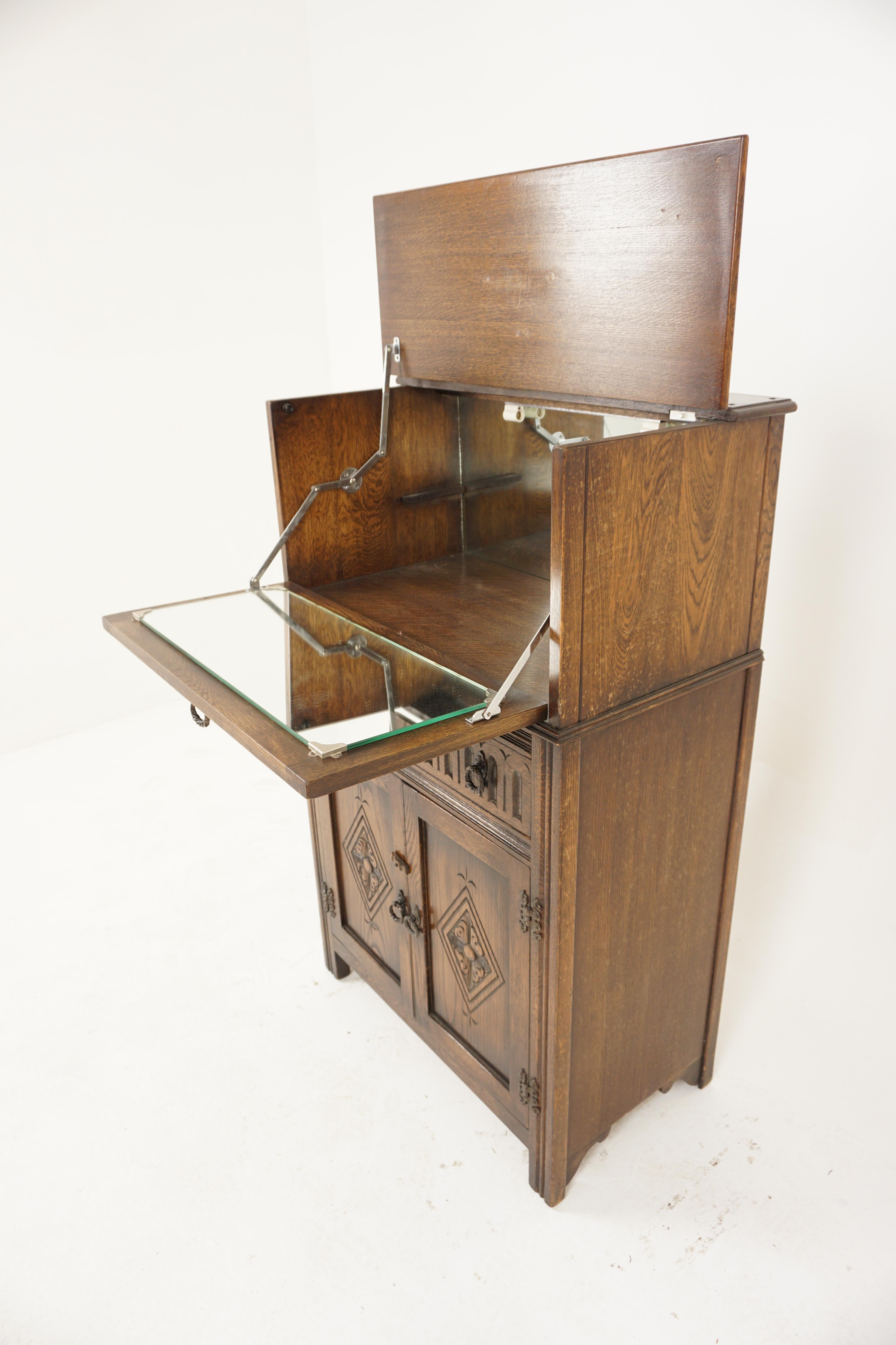 Vintage Carved Oak Linen Fold Cocktail Cabinet, Bar Cabinet, Scotland 1940, H115 1
