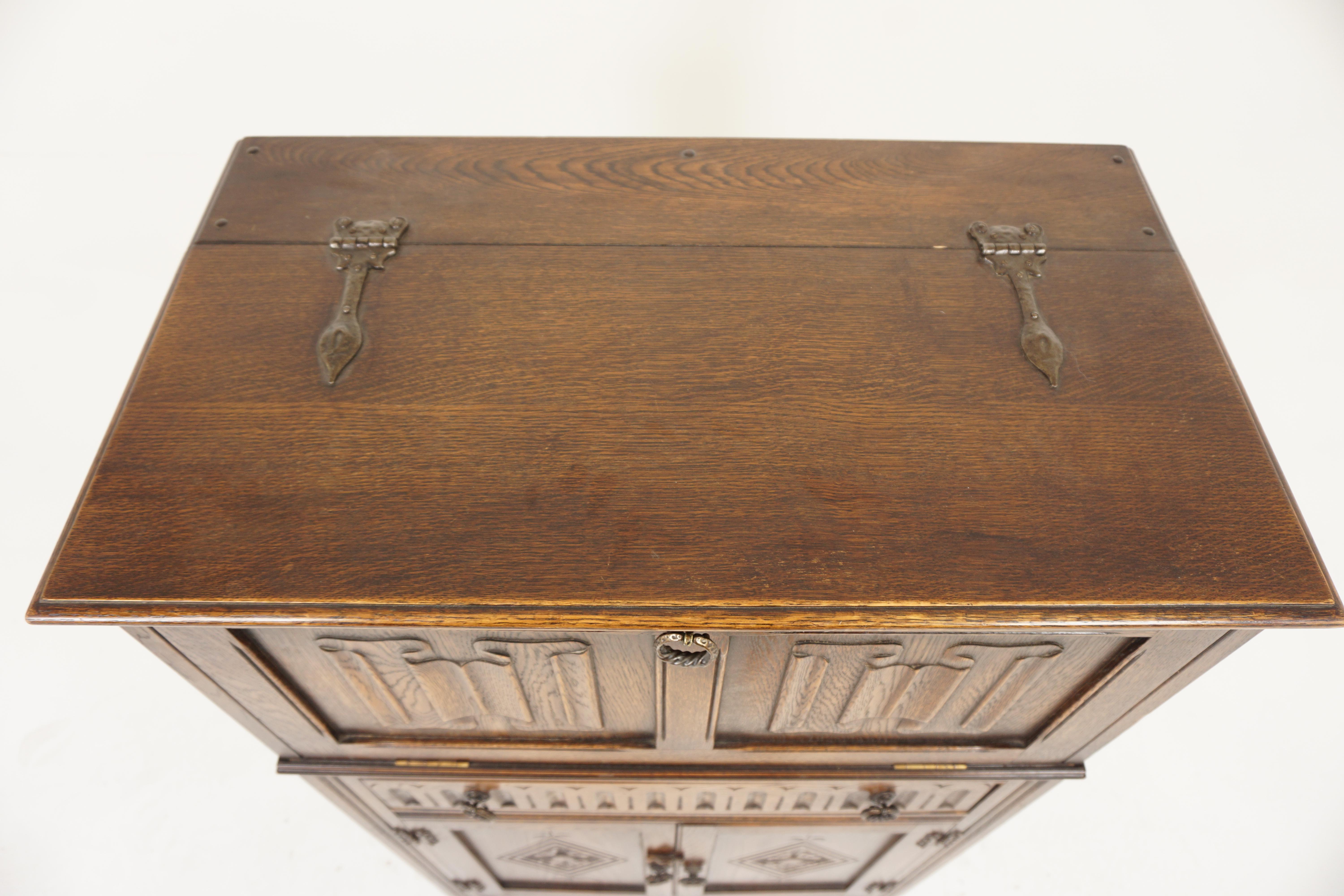 Vintage Carved Oak Linen Fold Cocktail Cabinet, Bar Cabinet, Scotland 1940, H115 3