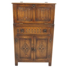 Vintage Carved Oak Linen Fold Cocktail Cabinet, Bar Cabinet, Scotland 1940, H115