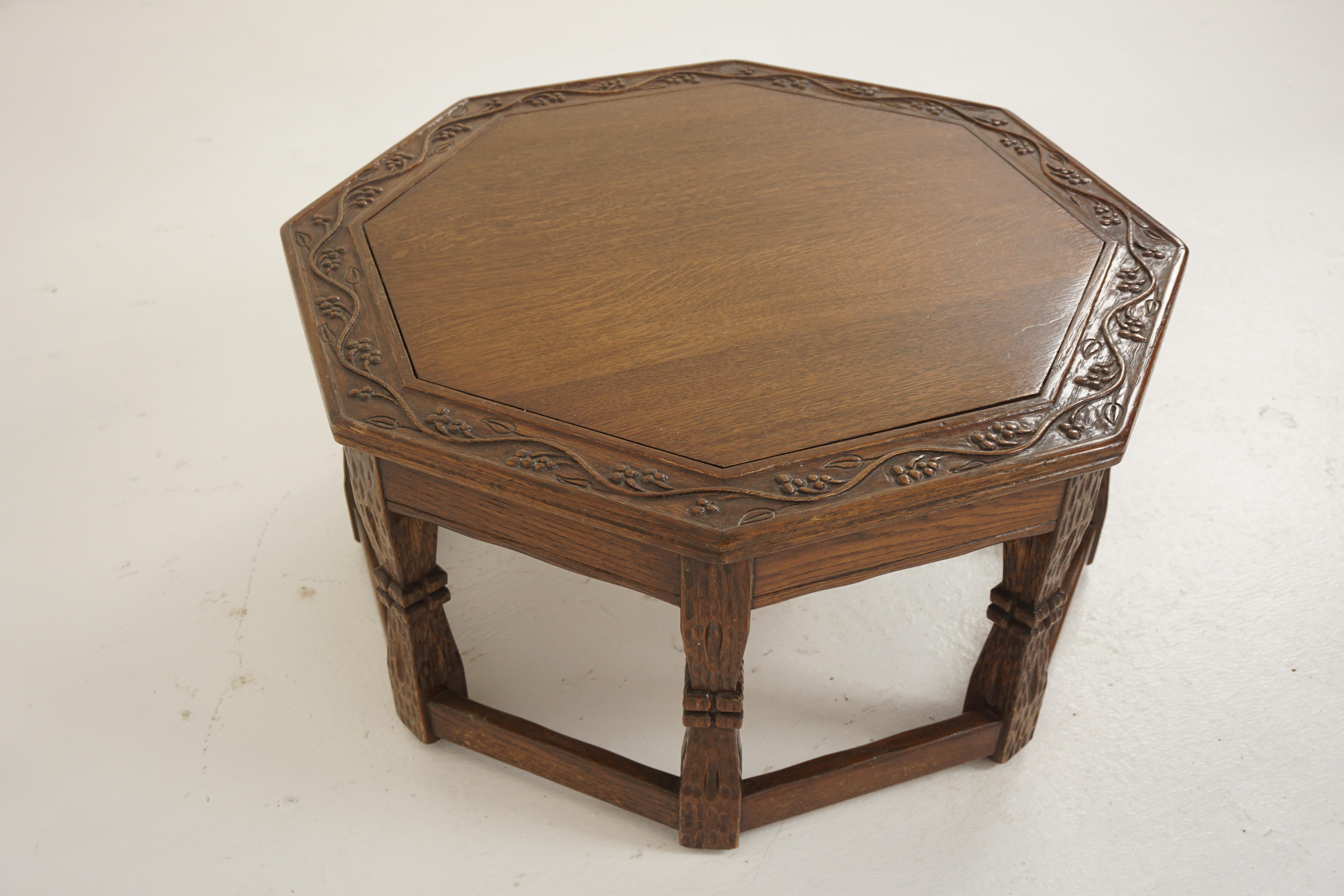 Vintage Carved Oak Octagonal Coffee Table With Drawer, American 1950, H1196

America 1950
Solid Oak
Original finish
Octagonal shaped top with carved leaves on border
Single Pull out drawer
Standing on eight carved stubby legs
Connected by stretchers