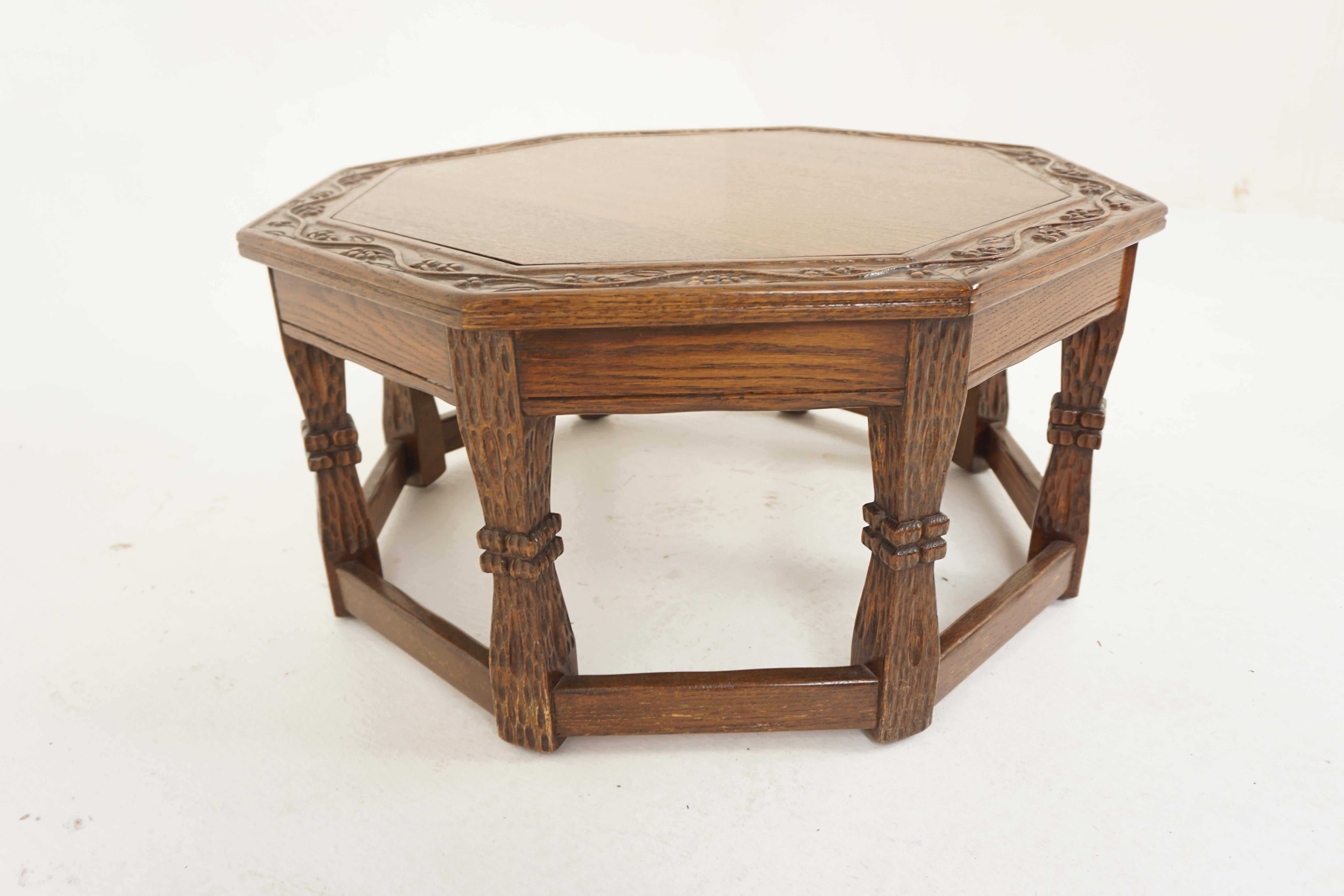 Mid-19th Century Vintage Carved Oak Octagonal Coffee Table With Drawer, American 1950, H1196 For Sale