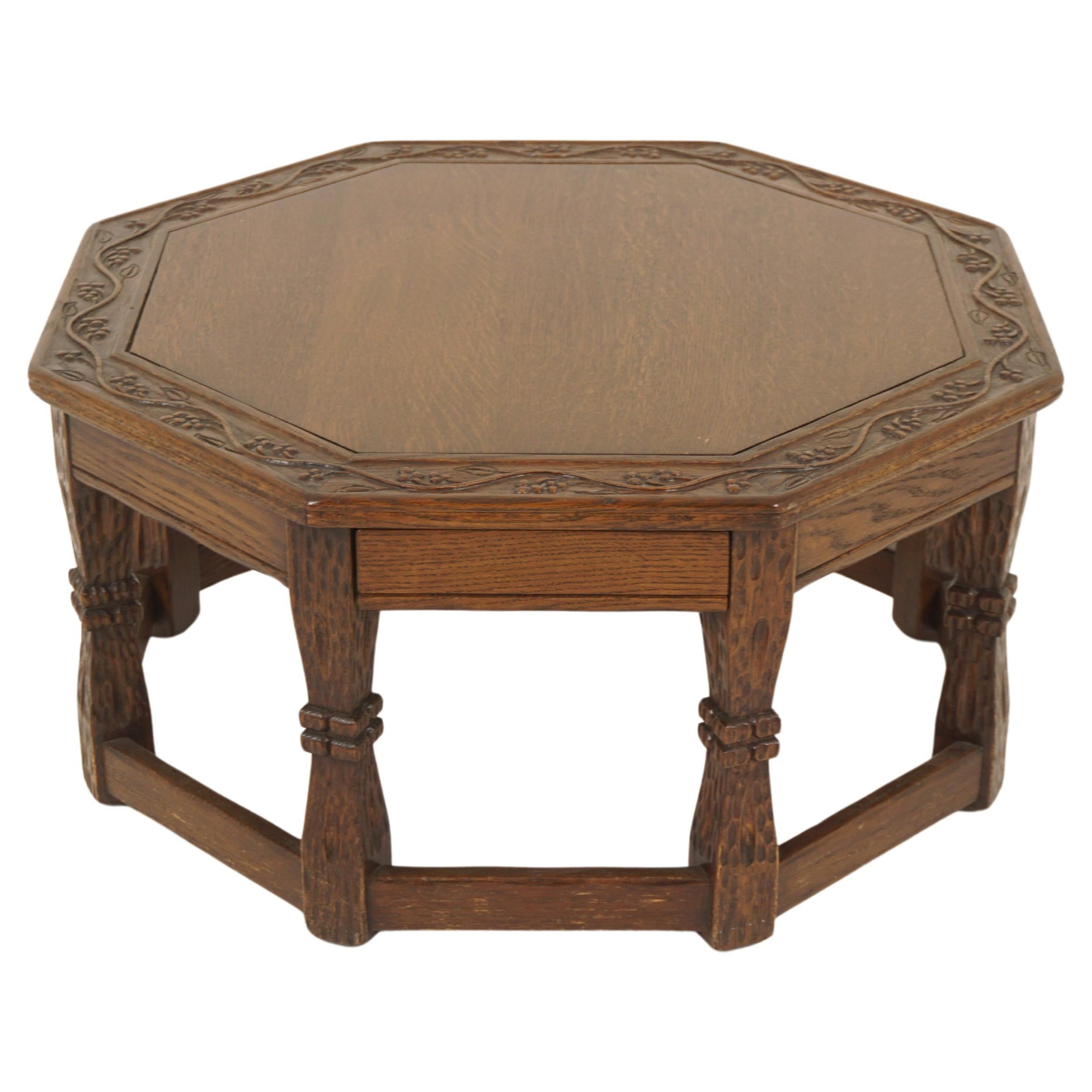 Vintage Carved Oak Octagonal Coffee Table With Drawer, American 1950, H1196