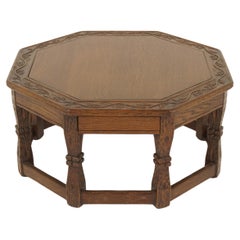 Vintage Carved Oak Octagonal Coffee Table With Drawer, American 1950, H1196