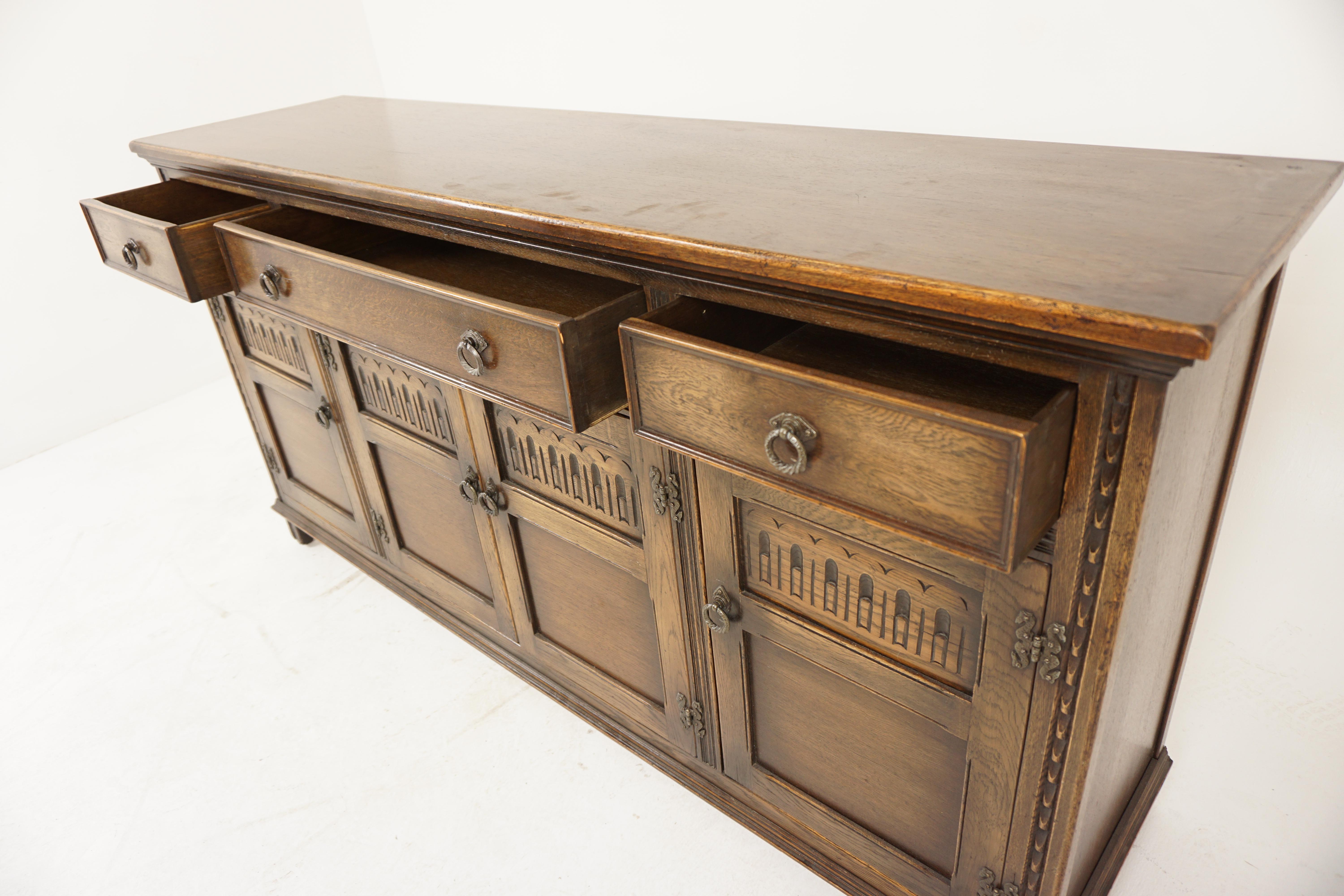 Mid-20th Century Vintage Carved Oak Sideboard Buffet Console, Scotland 1940, H1154