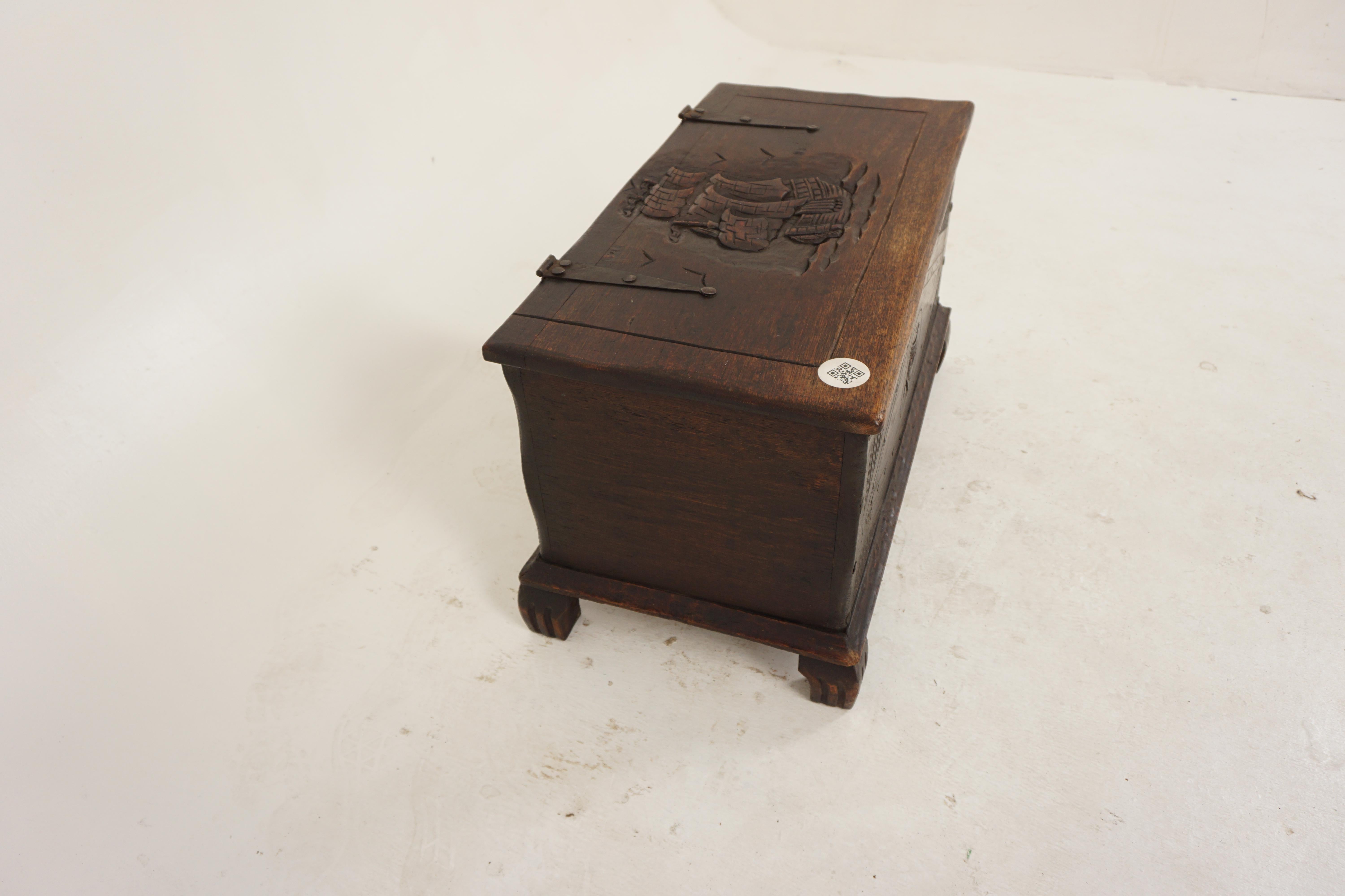 Vintage Carved Oak Trunk, Coffer, Coffee Table Nautical, Scotland 1920, H713 5