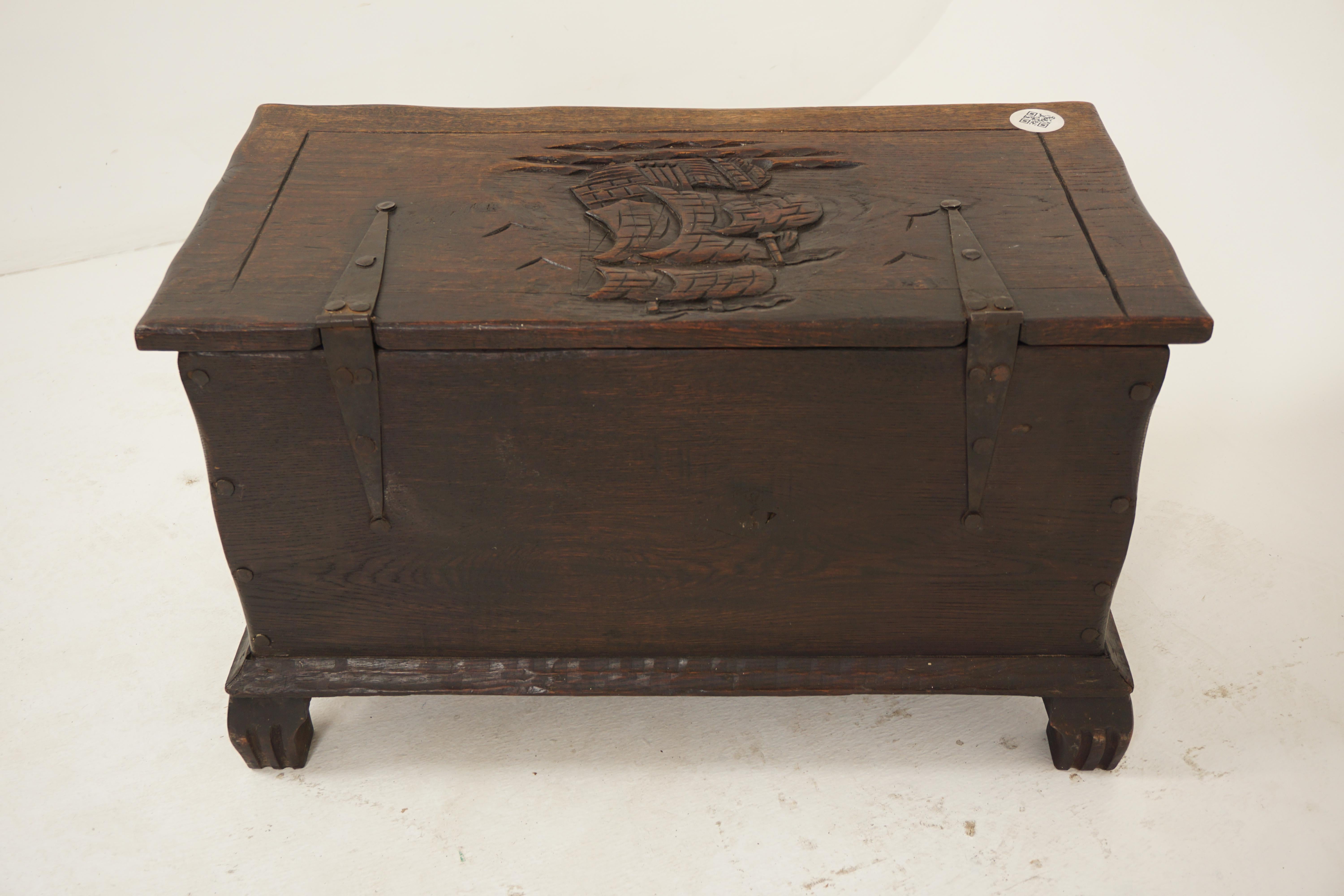 Vintage Carved Oak Trunk, Coffer, Coffee Table Nautical, Scotland 1920, H713 6