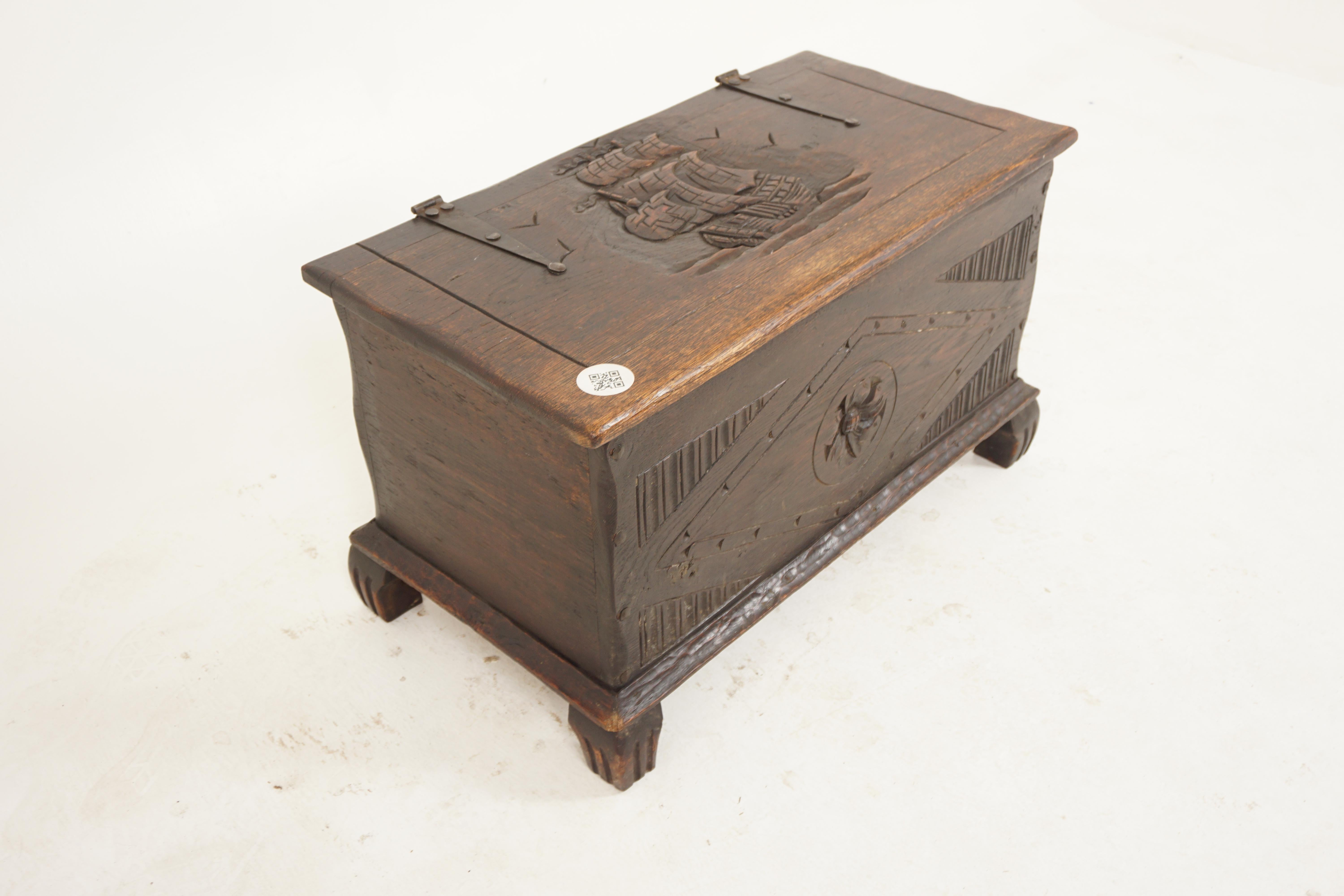 Scottish Vintage Carved Oak Trunk, Coffer, Coffee Table Nautical, Scotland 1920, H713