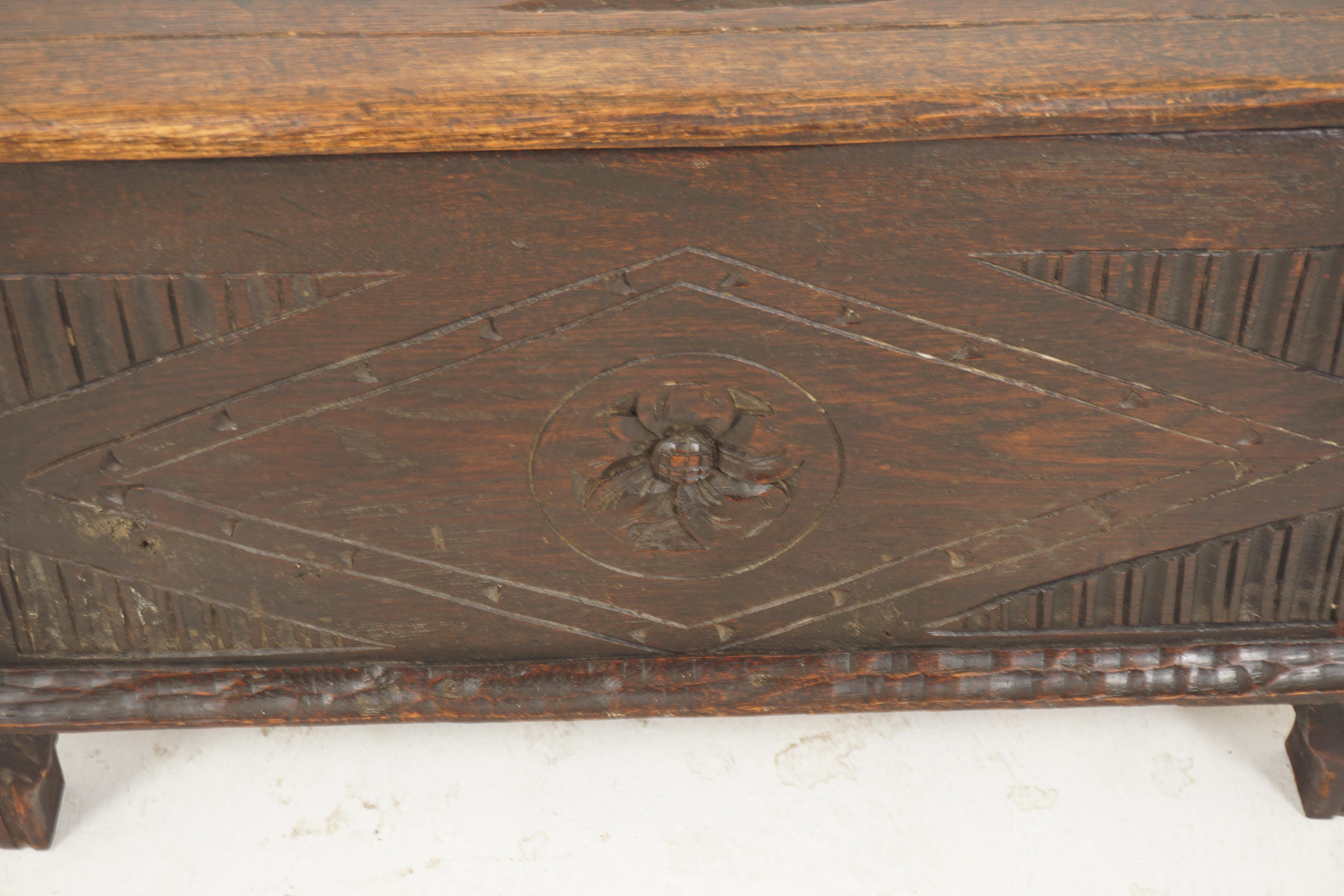 Vintage Carved Oak Trunk, Coffer, Coffee Table Nautical, Scotland 1920, H713 1