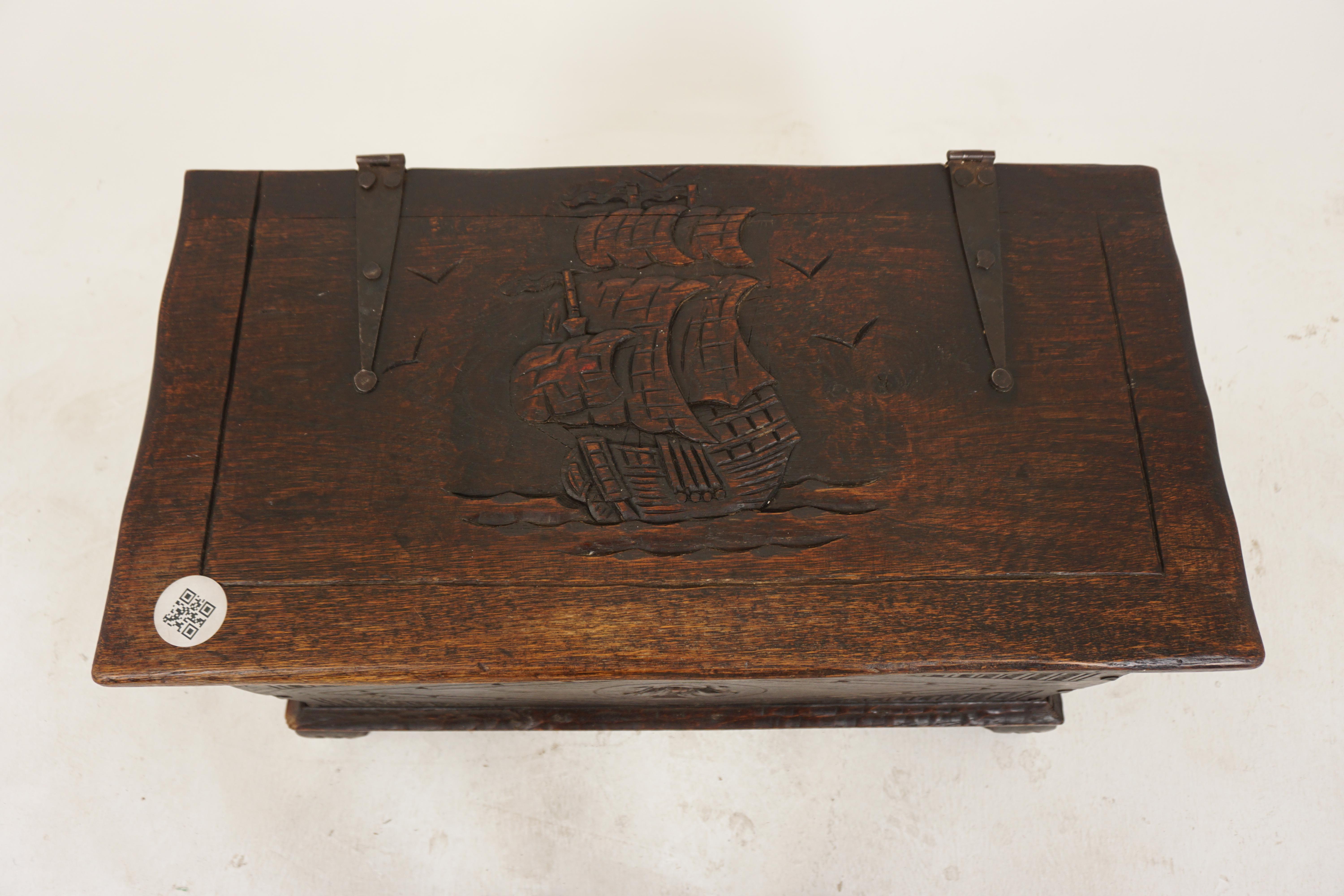 Vintage Carved Oak Trunk, Coffer, Coffee Table Nautical, Scotland 1920, H713 2