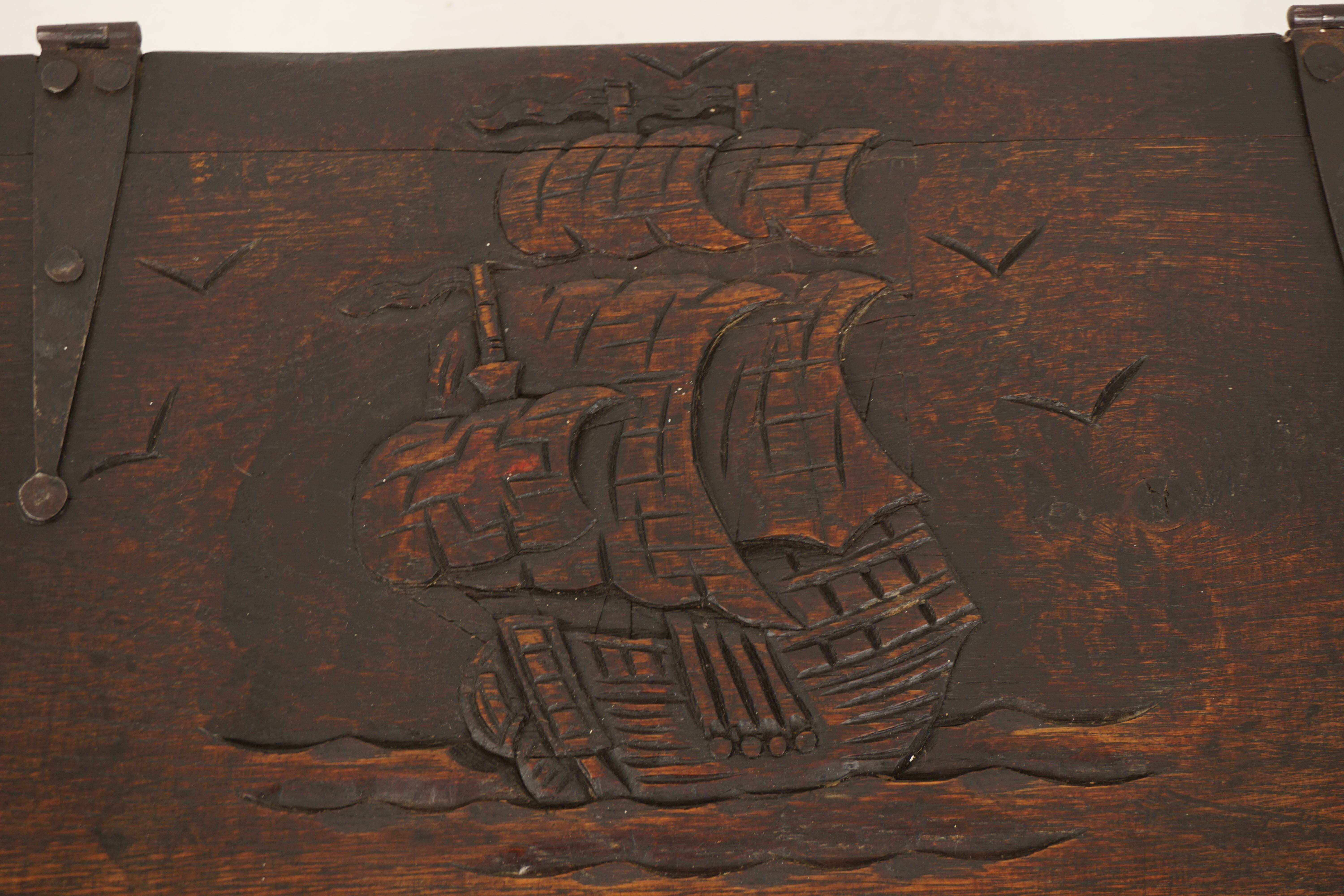 Vintage Carved Oak Trunk, Coffer, Coffee Table Nautical, Scotland 1920, H713 3