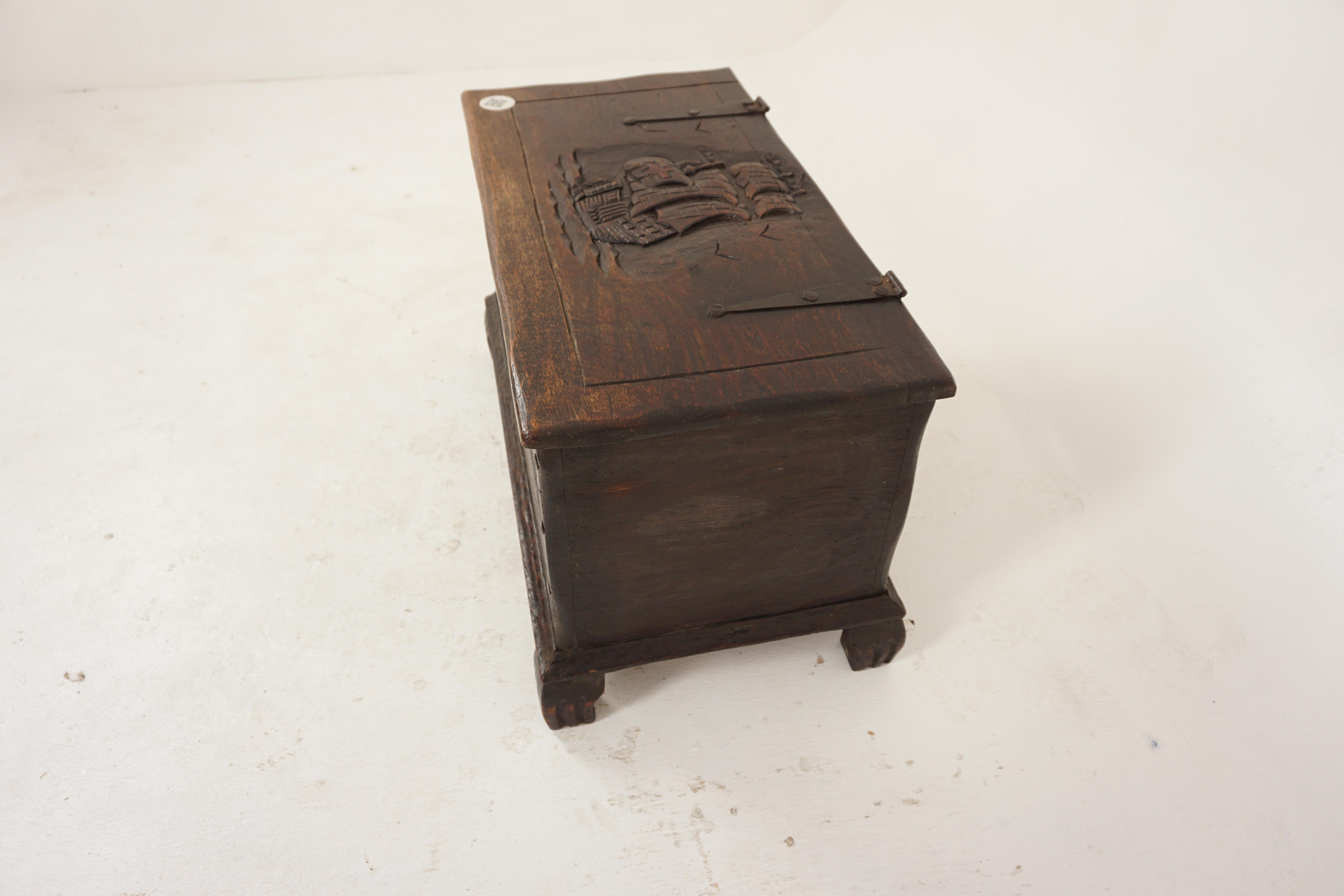 Vintage Carved Oak Trunk, Coffer, Coffee Table Nautical, Scotland 1920, H713 4