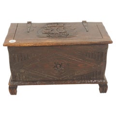 Vintage Carved Oak Trunk, Coffer, Coffee Table Nautical, Scotland 1920, H713