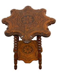 Vintage Carved Occasional Table with Barley Twist Legs and Inlaid Geometric Top