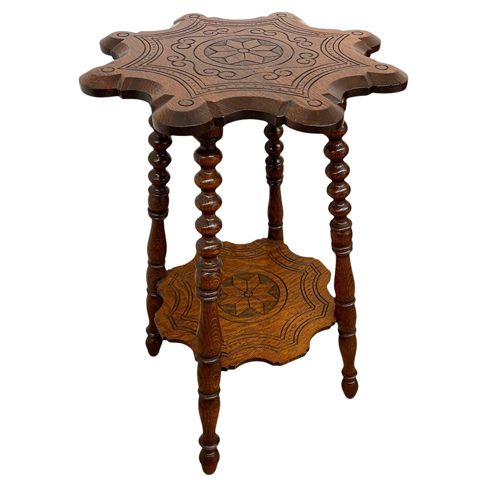 Vintage Carved Occasional Table with Barley Twist Legs and Inlaid Geometric Top