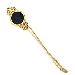 Vintage Carved Onyx Gold Jabot Brooch Pin Estate Fine Jewelry