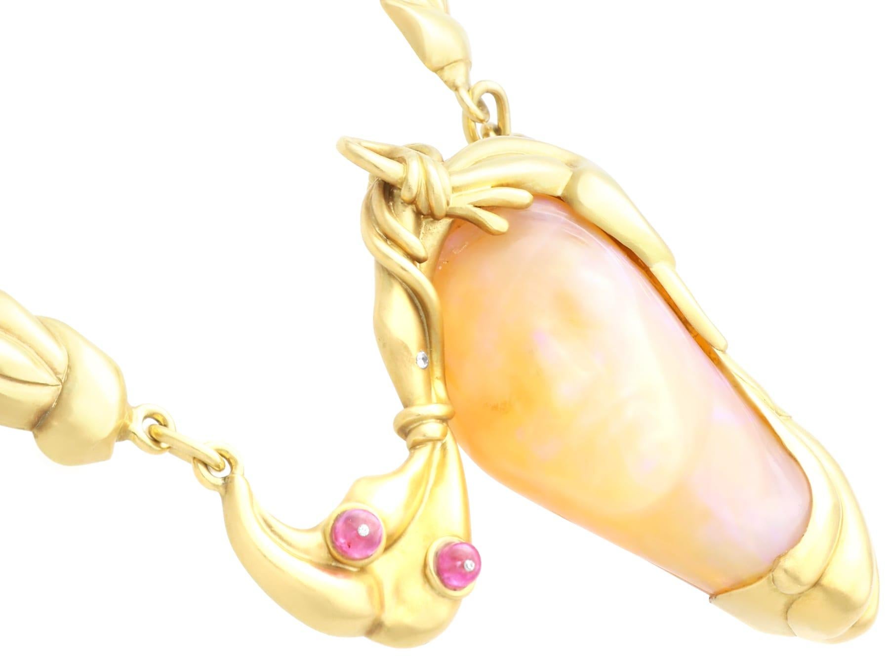 Vintage Carved Opal 4.80ct Ruby and Diamond Necklace in 18k Yellow Gold For Sale 4