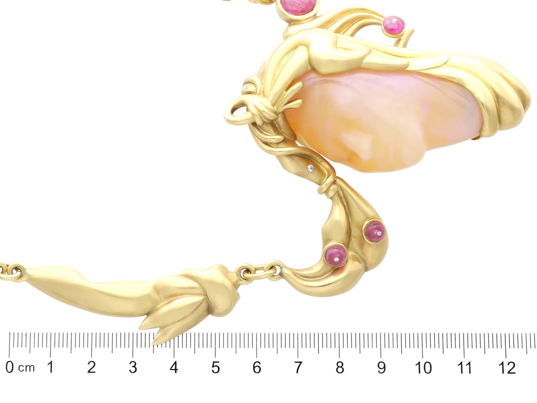 Vintage Carved Opal 4.80ct Ruby and Diamond Necklace in 18k Yellow Gold For Sale 5