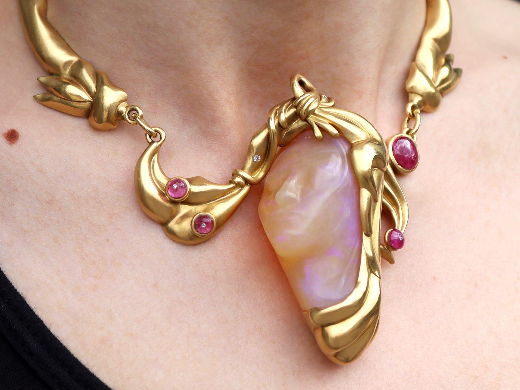 Vintage Carved Opal 4.80ct Ruby and Diamond Necklace in 18k Yellow Gold For Sale 10