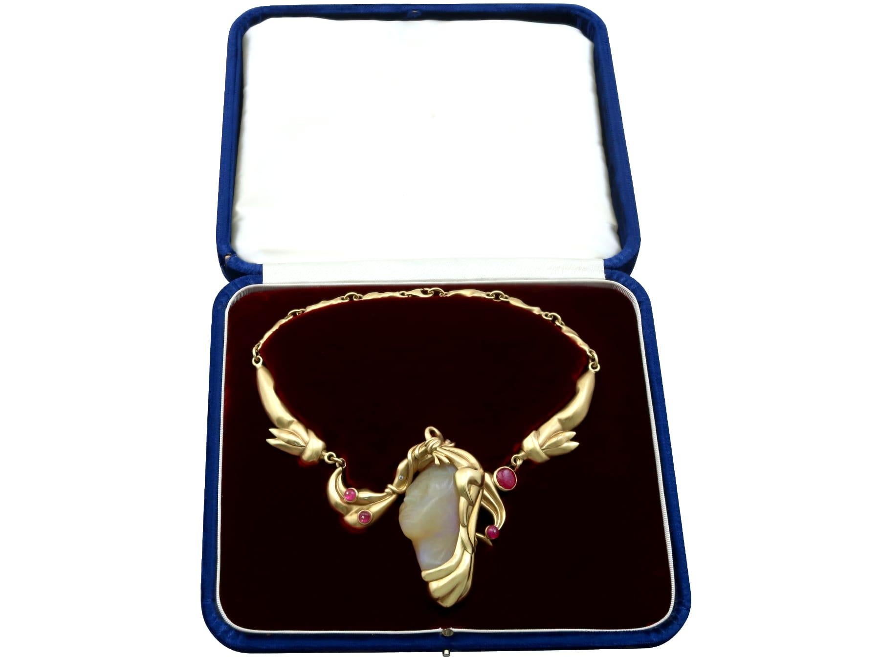 Vintage Carved Opal 4.80ct Ruby and Diamond Necklace in 18k Yellow Gold For Sale 11