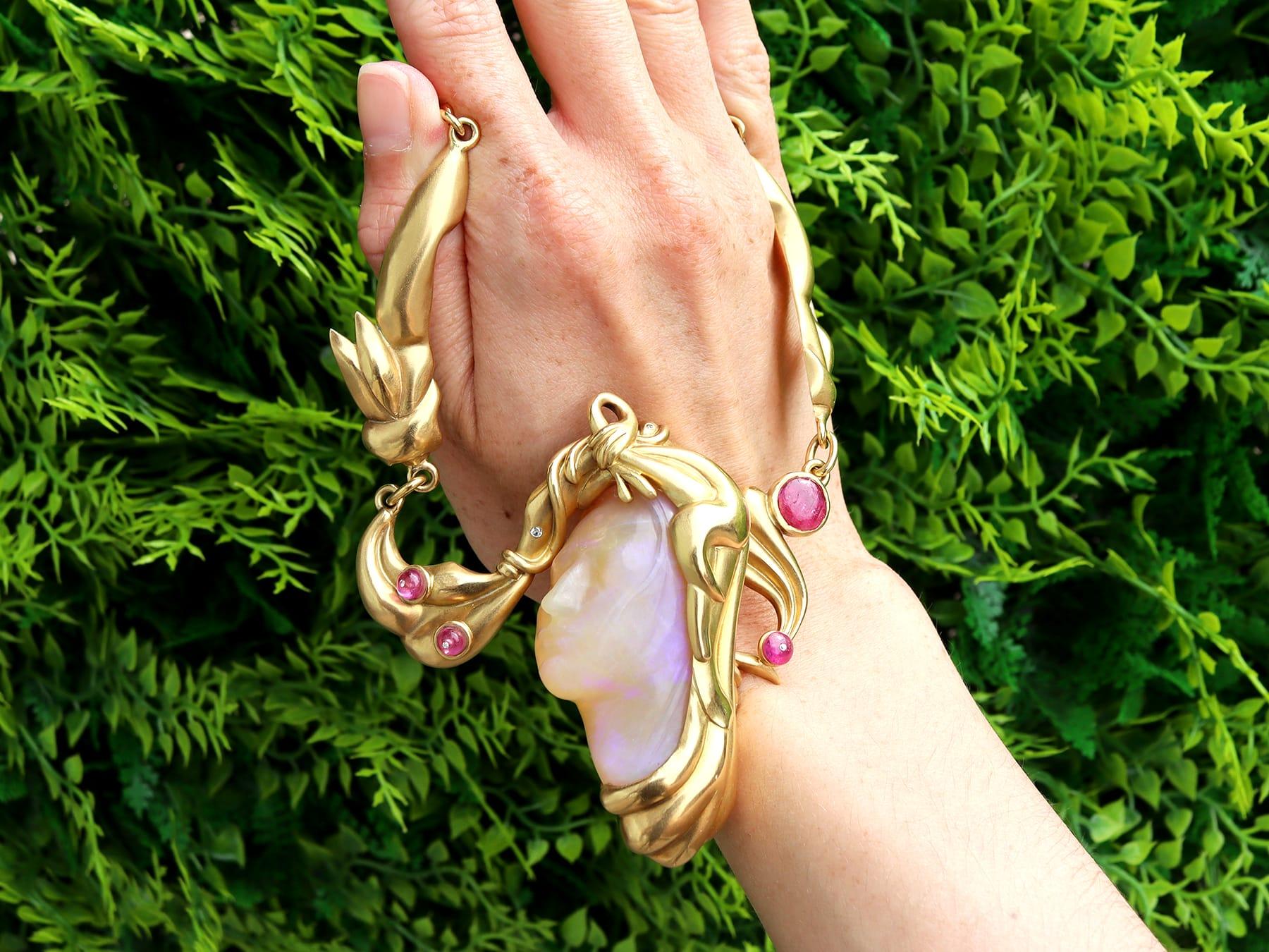 Art Nouveau Vintage Carved Opal 4.80ct Ruby and Diamond Necklace in 18k Yellow Gold For Sale