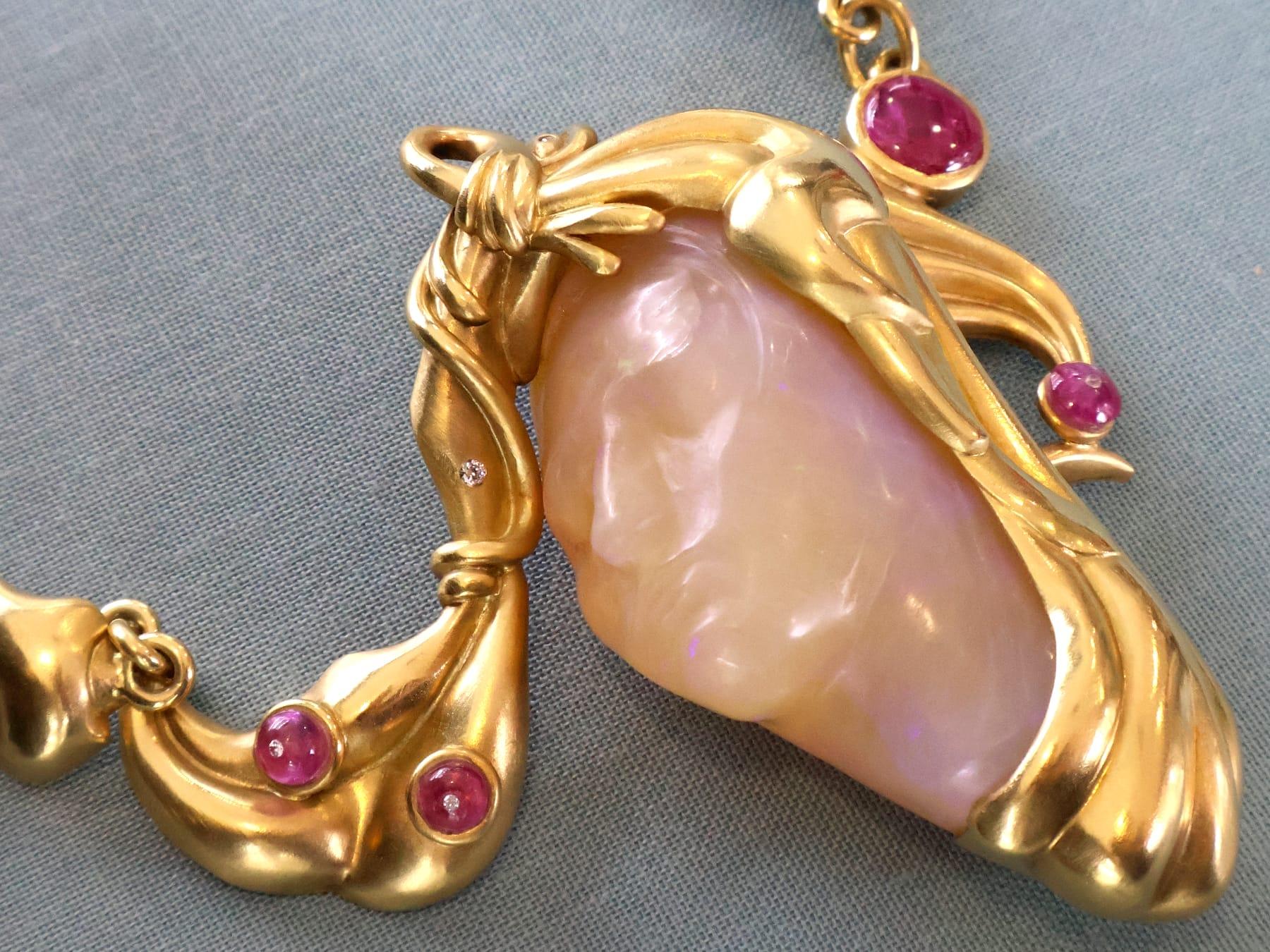 Cabochon Vintage Carved Opal 4.80ct Ruby and Diamond Necklace in 18k Yellow Gold For Sale