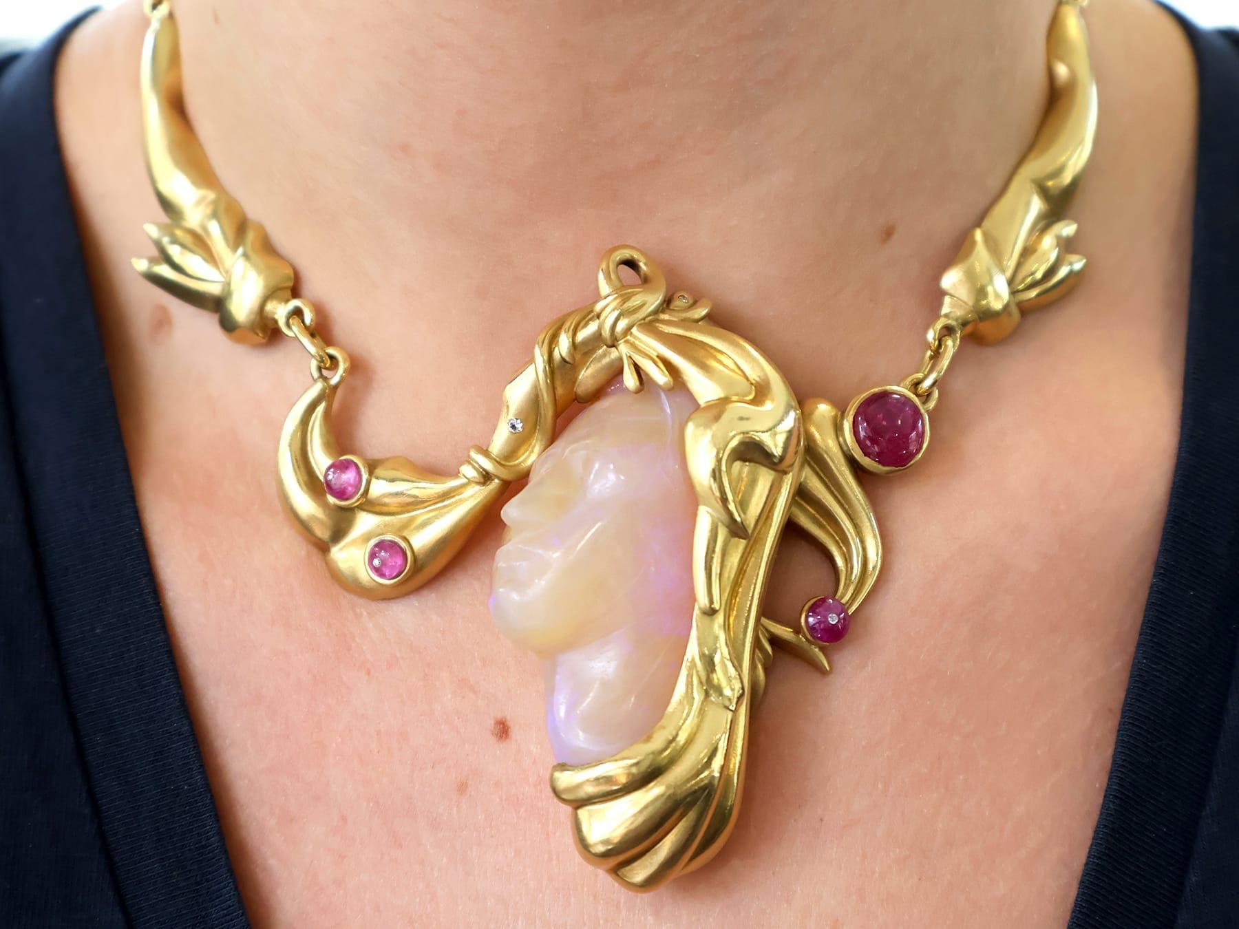Women's or Men's Vintage Carved Opal 4.80ct Ruby and Diamond Necklace in 18k Yellow Gold For Sale