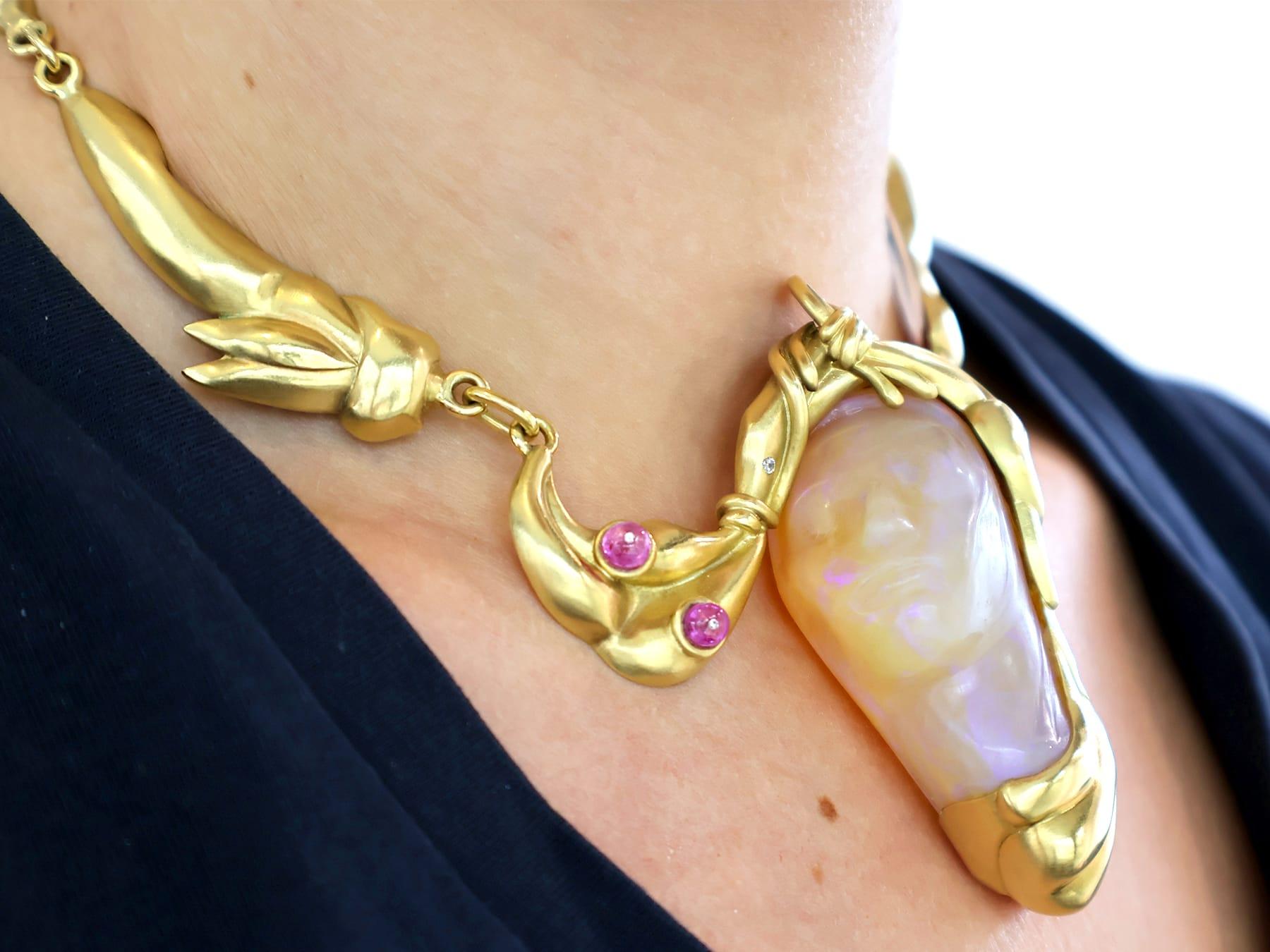Vintage Carved Opal 4.80ct Ruby and Diamond Necklace in 18k Yellow Gold For Sale 1