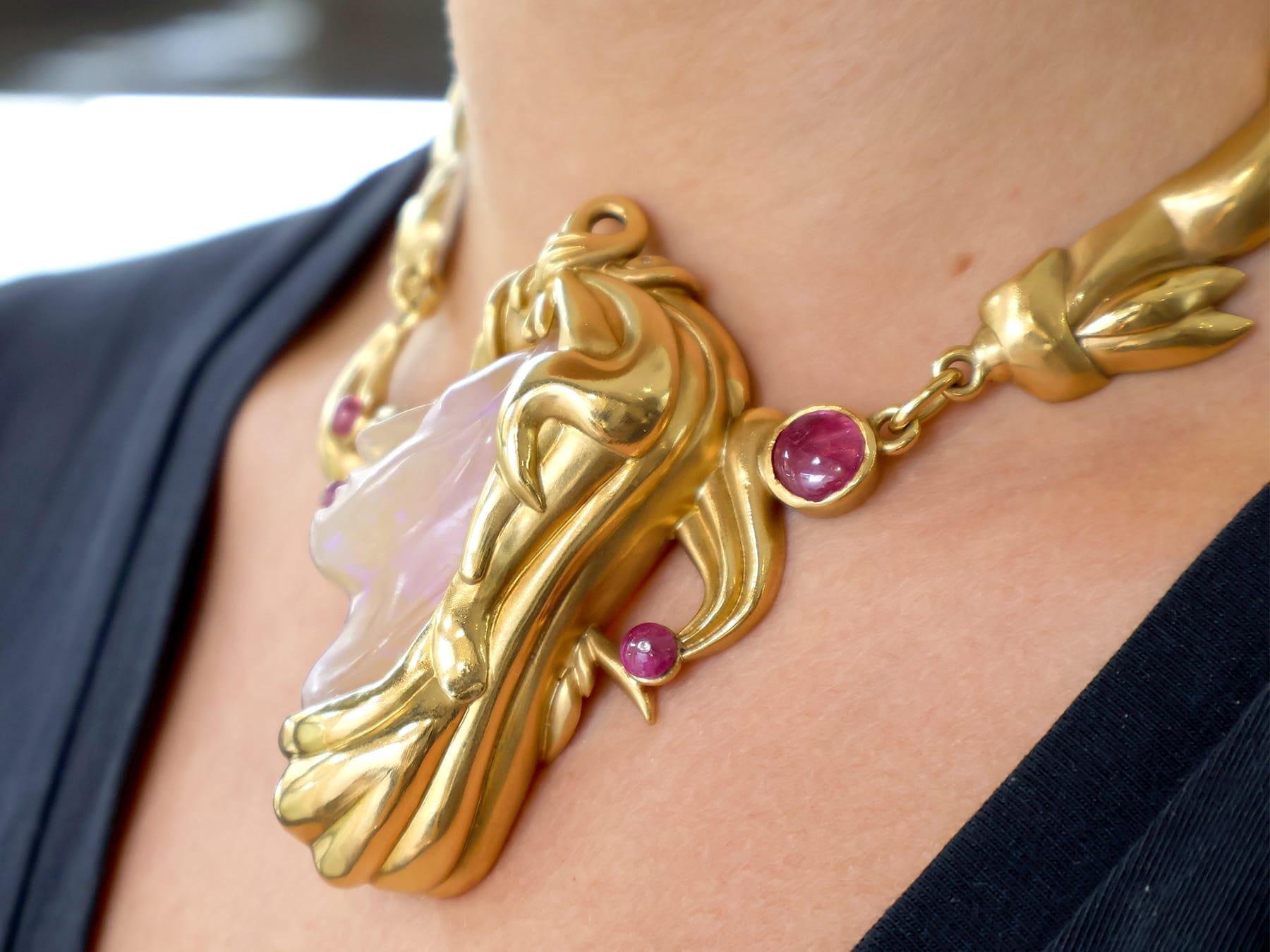 Vintage Carved Opal 4.80ct Ruby and Diamond Necklace in 18k Yellow Gold For Sale 2