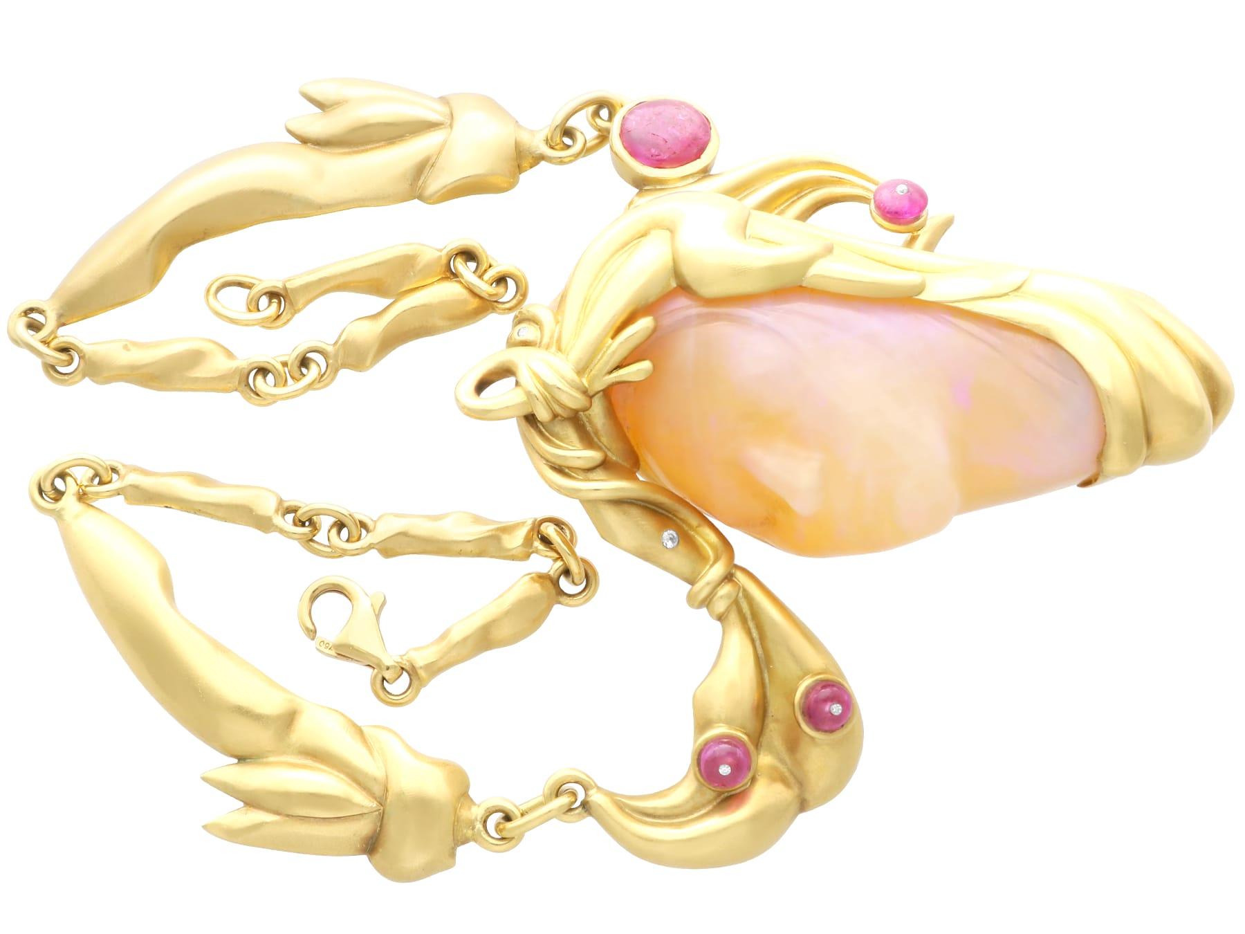 Vintage Carved Opal 4.80ct Ruby and Diamond Necklace in 18k Yellow Gold For Sale 3