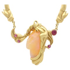 Vintage Carved Opal 4.80ct Ruby and Diamond Necklace in 18k Yellow Gold