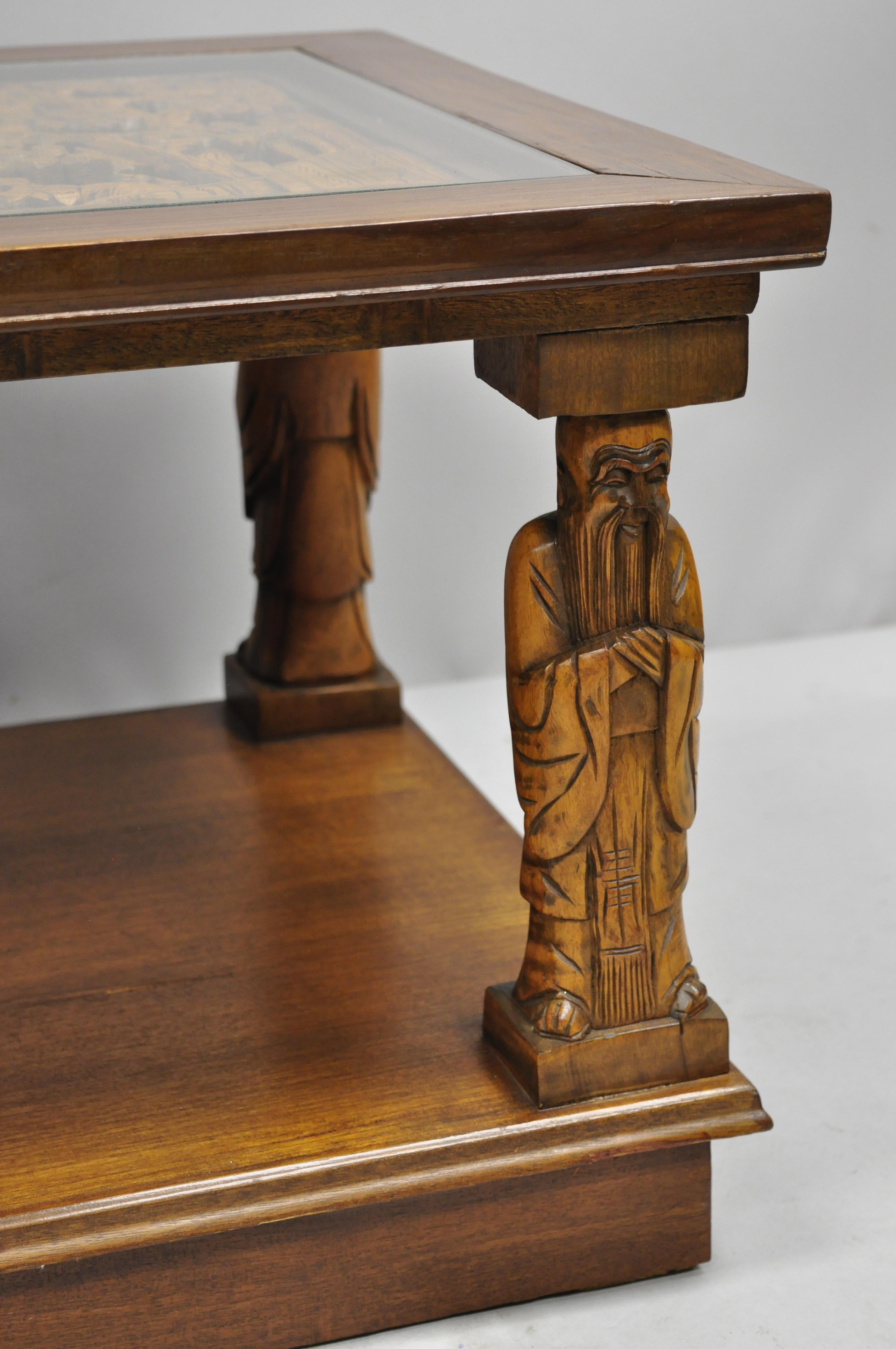 Vintage Carved Oriental Asian Figures Coffee Table Cabinet Old Chinese Wiseman 2