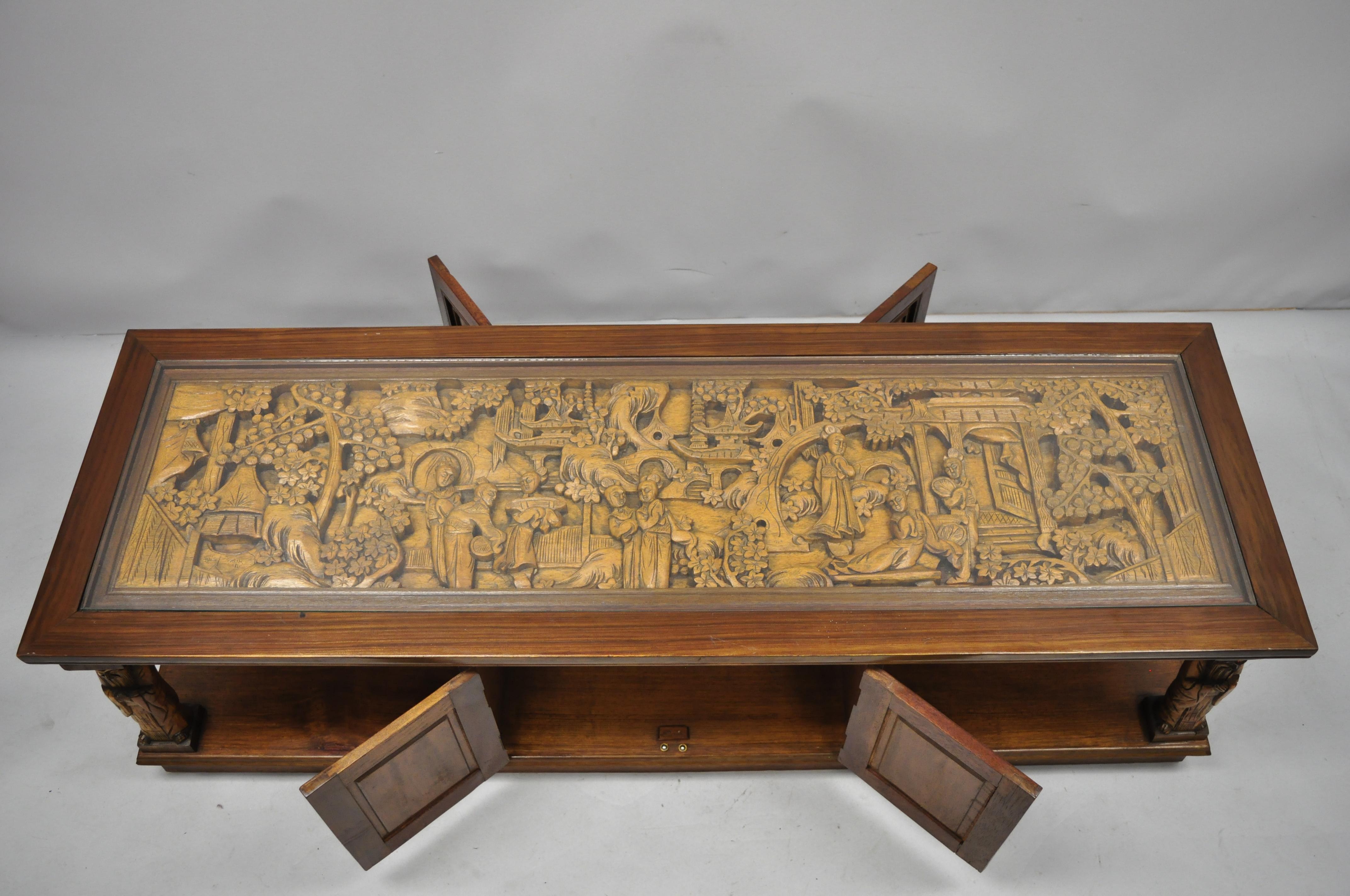 Vintage Carved Oriental Asian Figures Coffee Table Cabinet Old Chinese Wiseman In Good Condition In Philadelphia, PA