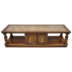 Vintage Carved Oriental Asian Figures Coffee Table Cabinet Old Chinese Wiseman