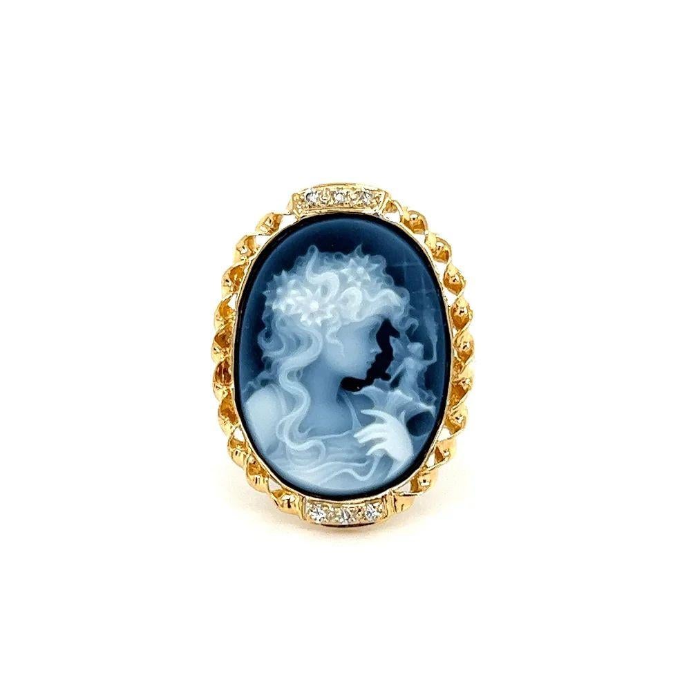 Oval Cut Vintage Carved Oval Onyx Cameo and Diamond Gold Ring