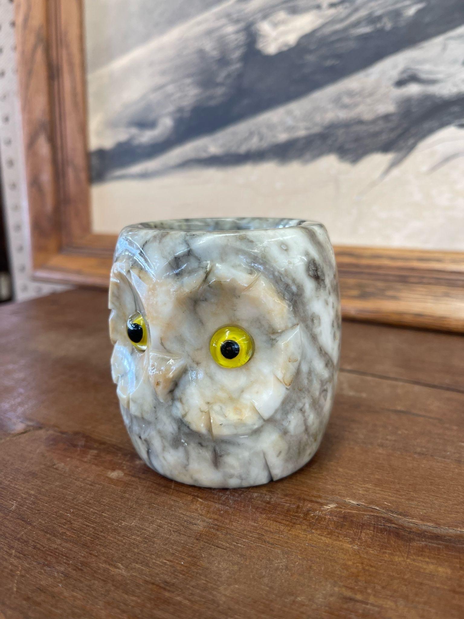 Grey Owl Figurine Cup with Yellow Eyes. Carved From Italian Alabaster. Similar Figurines Available. Vintage Condition Consistent with Age as Pictured.

Dimensions. 3 Diameter; 3 H