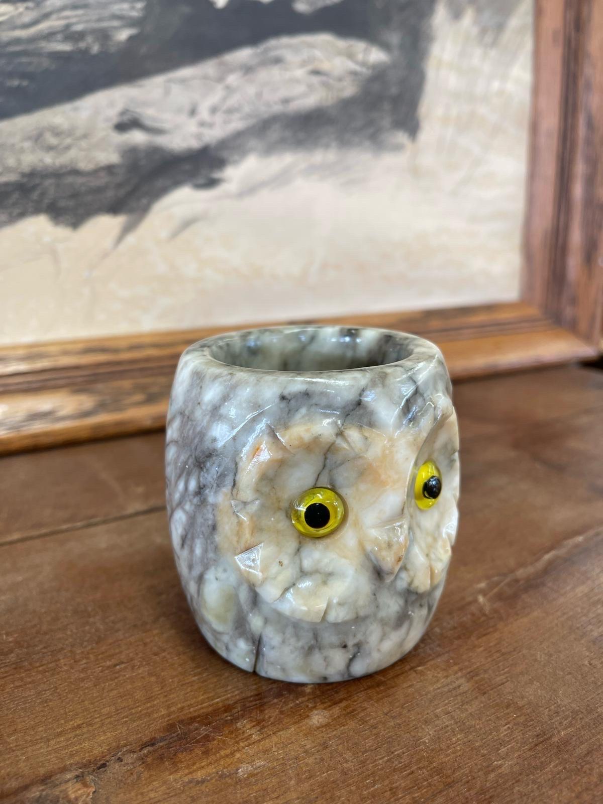 Mid-Century Modern Vintage Carved Owl Cup. Genuine Hand Carved Italian Alabaster. For Sale