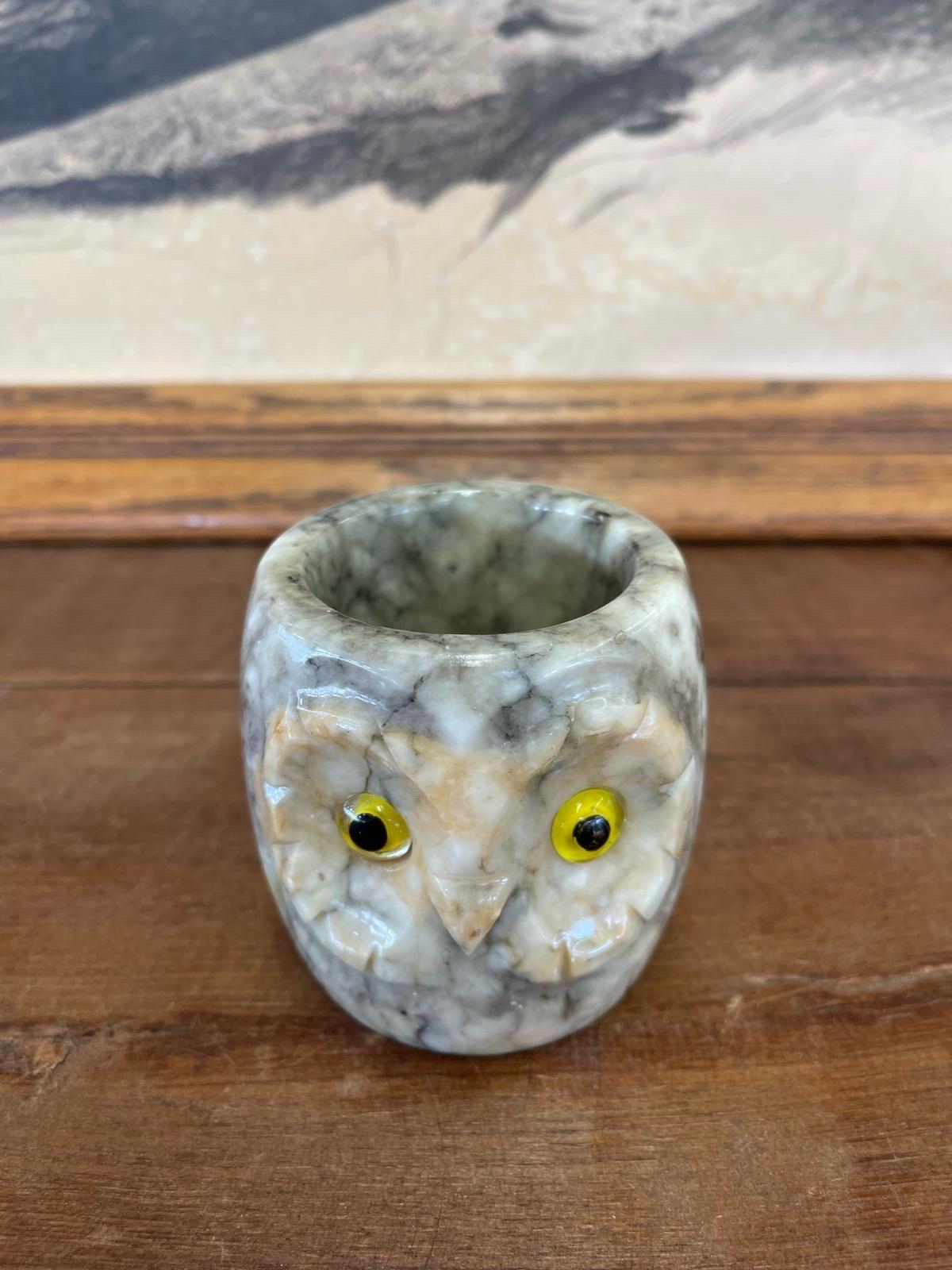 Vintage Carved Owl Cup. Genuine Hand Carved Italian Alabaster. In Good Condition For Sale In Seattle, WA