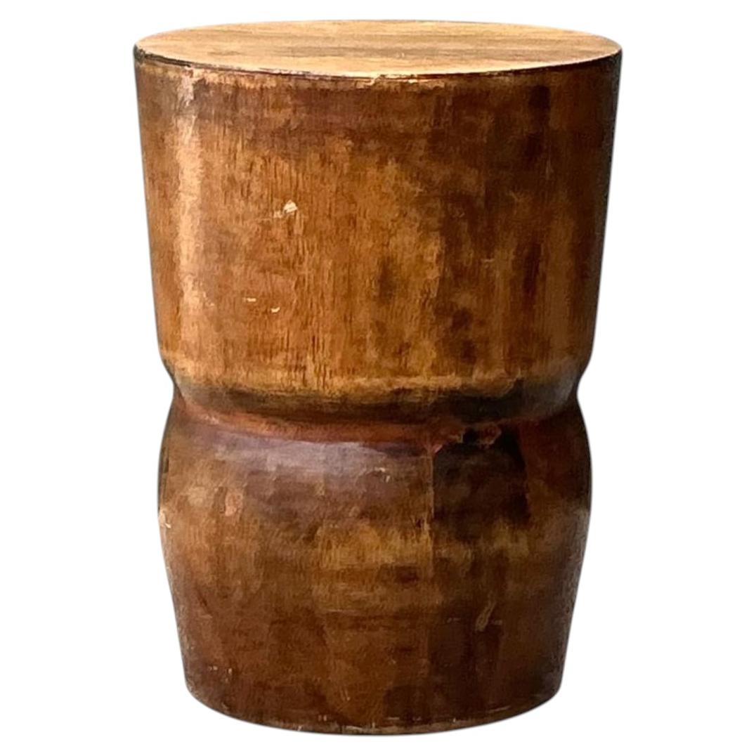 Vintage Carved Palm Wood Accent Stool