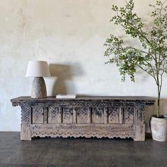 Vintage Carved Pine 4 Door Cabinet - Weathered Black