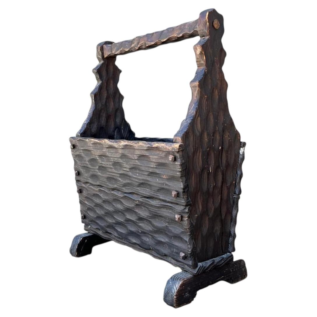 Vintage Carved Pine Wood Basket