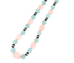 Vintage Carved Pink Tourmaline Turquoise Onyx Diamond 18K White Gold Necklace