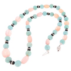 Vintage Carved Pink Tourmaline Turquoise Onyx Diamond 18K White Gold Necklace