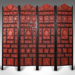 Vintage Carved Privacy Screen, Chinese, Four Panel Room Divider, Art Deco, 1940