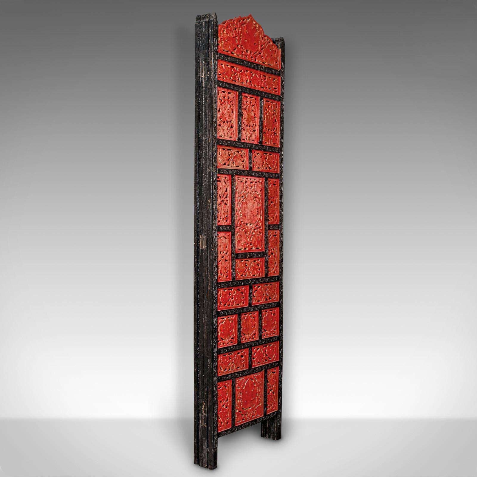 Hardwood Vintage Carved Privacy Screen, Chinese, Four Panel Room Divider, Art Deco, 1940