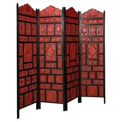 Vintage Carved Privacy Screen, Chinese, Four Panel Room Divider, Art Deco, 1940