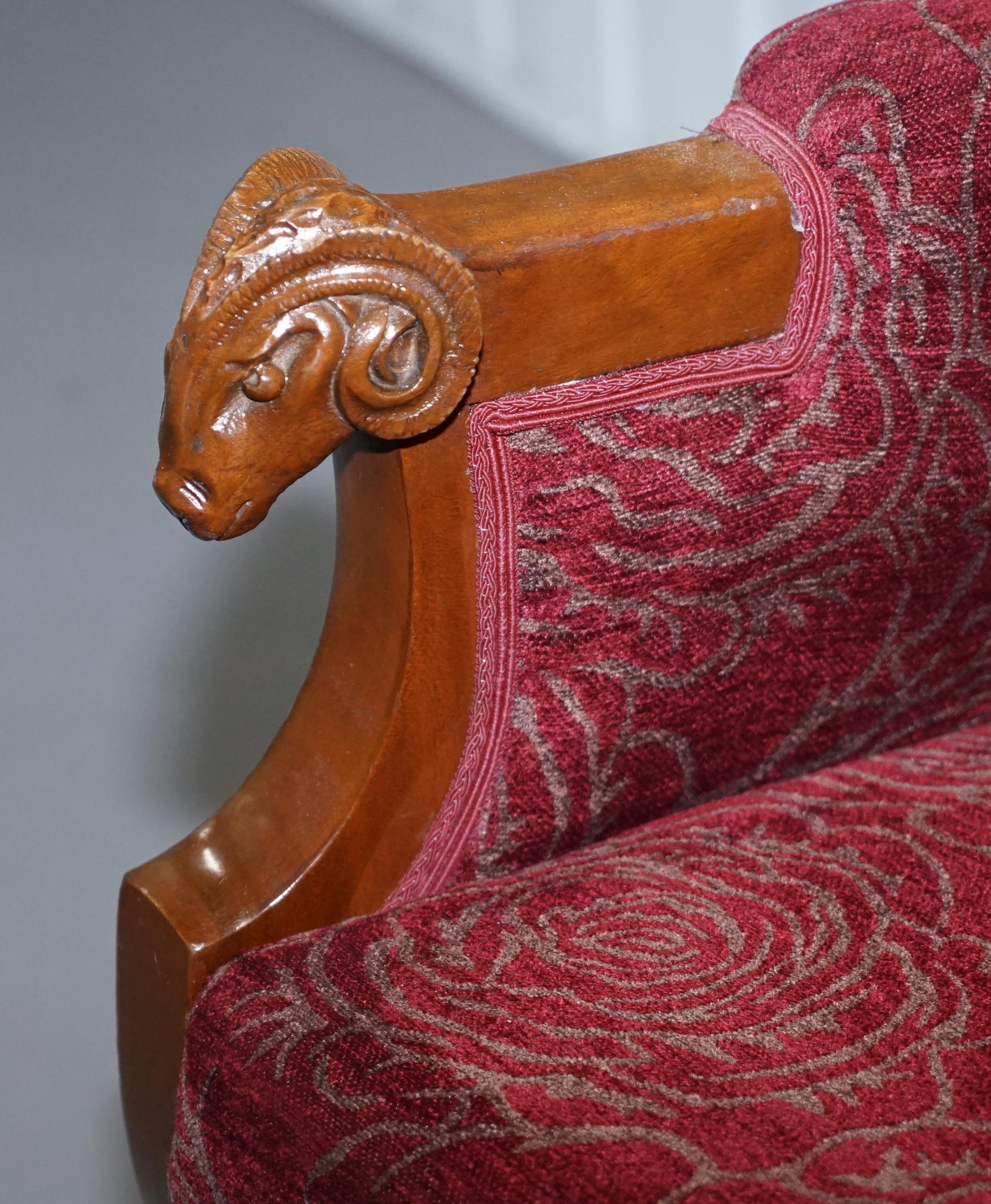 Vintage Carved Rams Head Armchair Vintage Piece Red Floral Upholstery For Sale 3