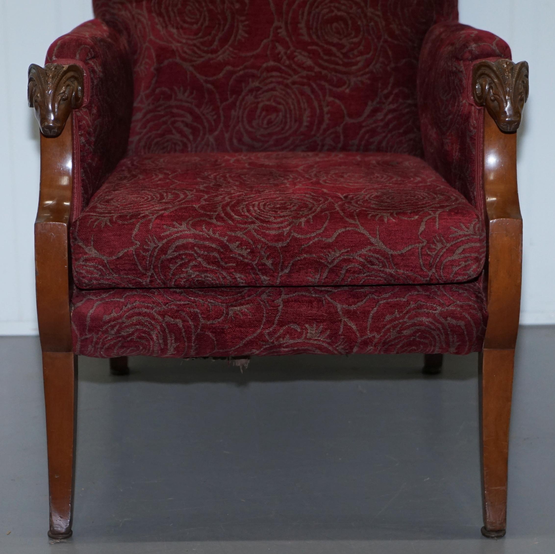 Vintage Carved Rams Head Armchair Vintage Piece Red Floral Upholstery For Sale 4